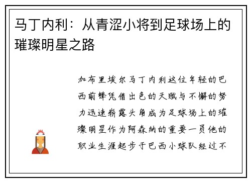 马丁内利：从青涩小将到足球场上的璀璨明星之路